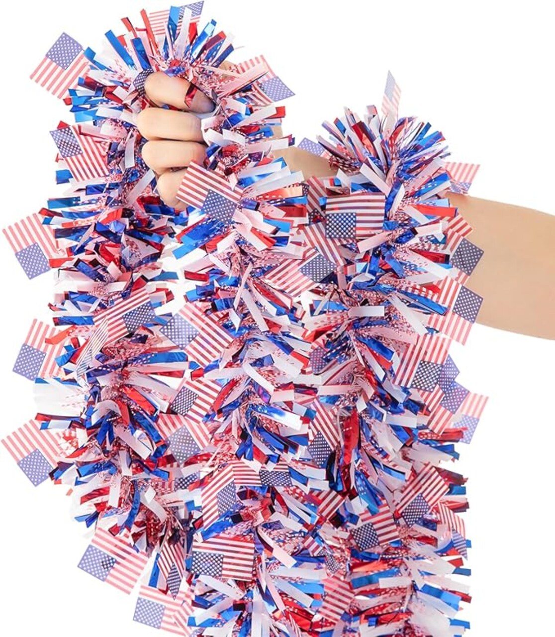 33FT 4th of July Patriotic Tinsel Garland Red White Blue Metallic Twist Foil Tinsel Garland with Flag for Memorial Day Independence Day Party Door Tree Indoor Outdoor Decoration